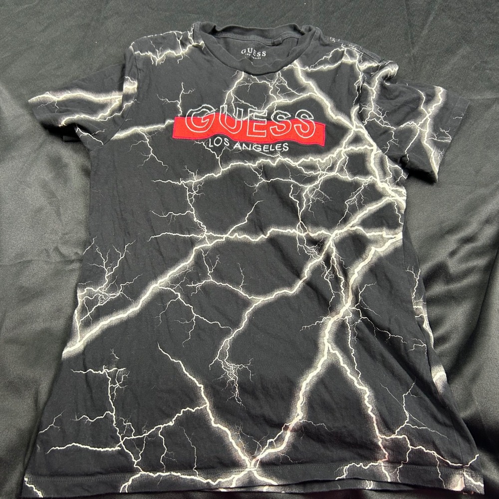 Guess Los Angeles Lightning Bolt T-Shirt Black Red Box Logo Mens Small